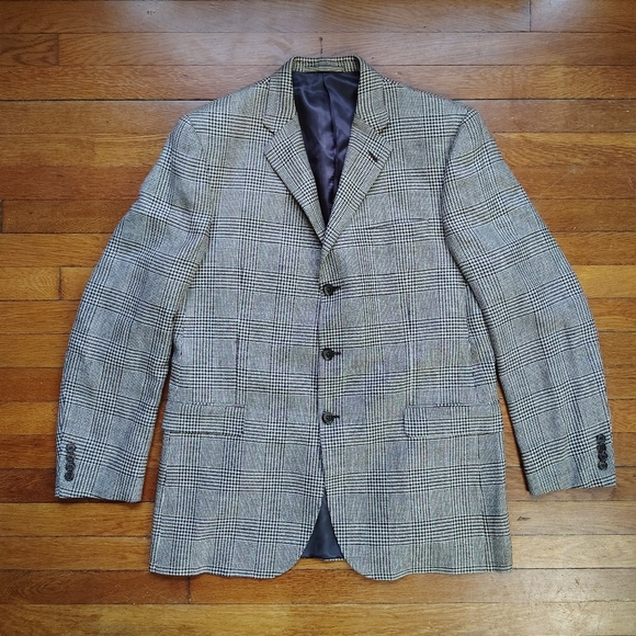 Burberry Men's Silk Linen Wool 3-Button Blazer Brown Tan Houndstooth Plaid 44L